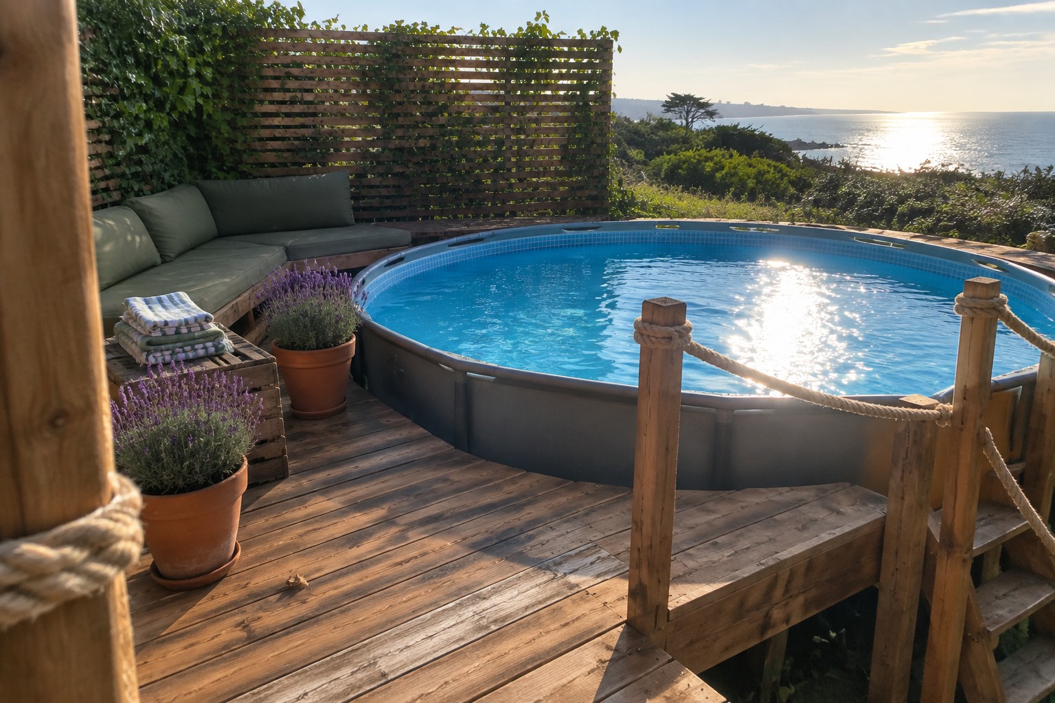 An above-ground pool on a wooden deck with rope railings between posts, a small wooden ladder, potted lavender plants, and built-in seating with green cushions.