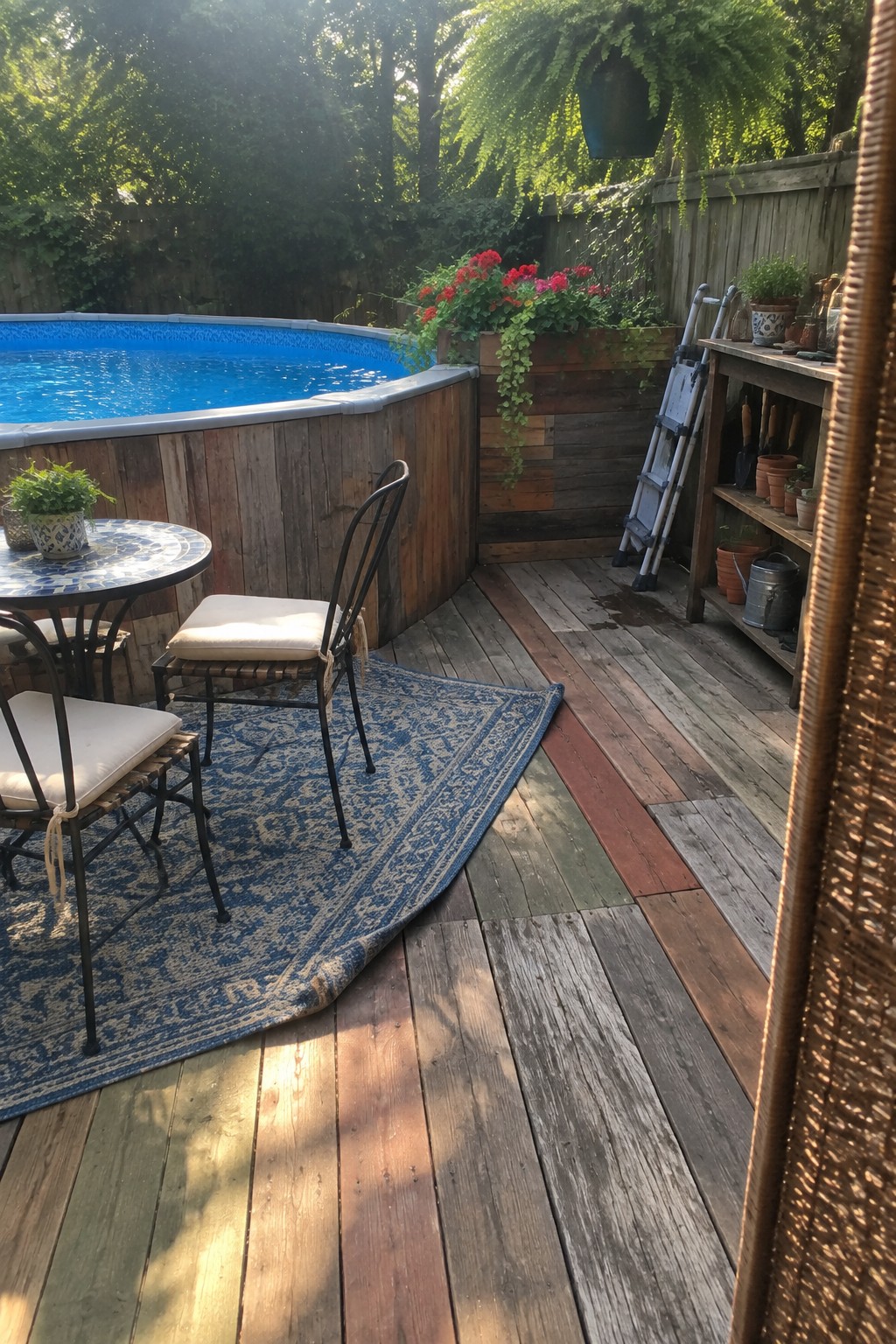 Wooden deck with above-ground pool, blue rug, mosaic table, red flowers and shelves.