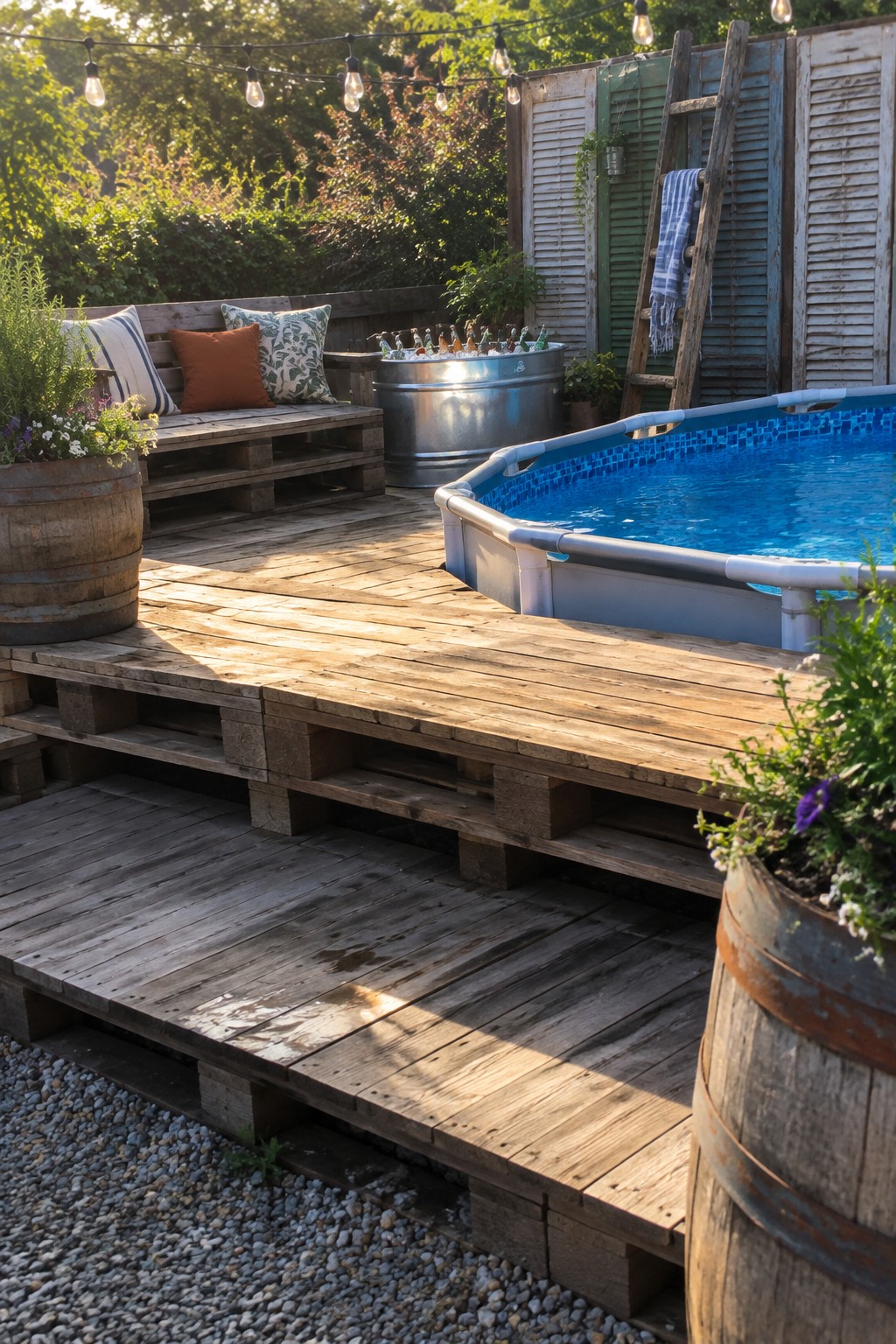 Rustic pallet deck with above-ground pool, cushioned bench, bottle tub, and string lights