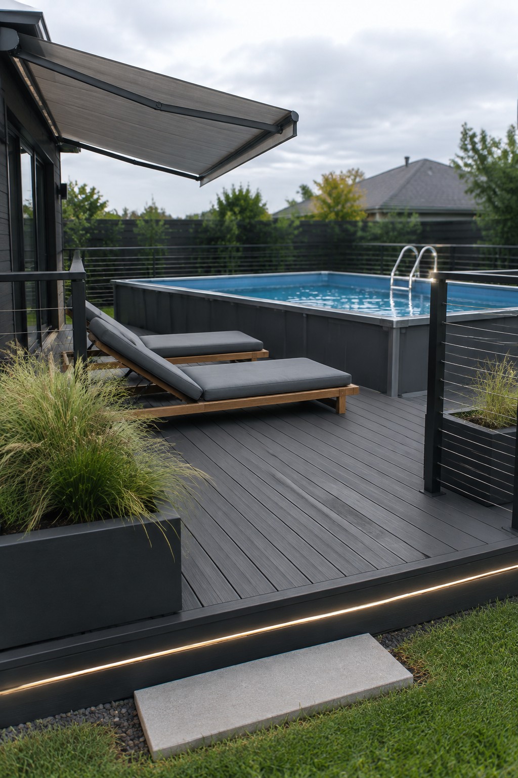 An above-ground pool with a dark deck, two lounge chairs, rectangular planters, and LED strip lighting along the deck edge.