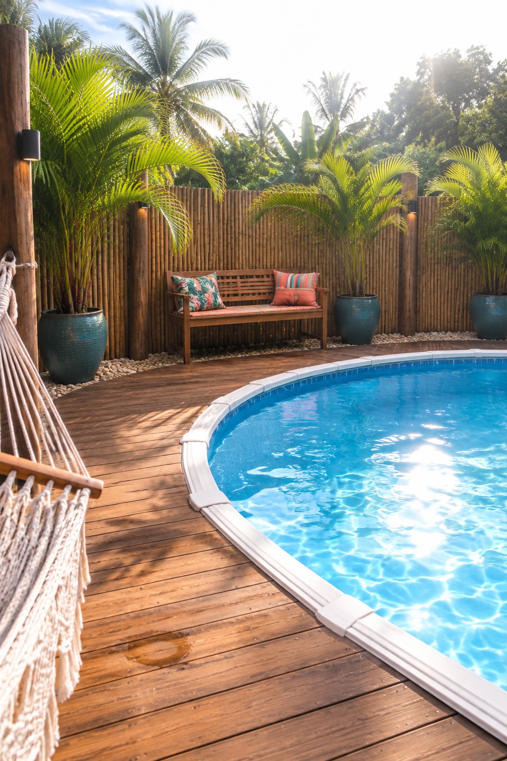 An above ground pool with wooden decking, a bench with cushions, potted plants, and a bamboo fence in the background.