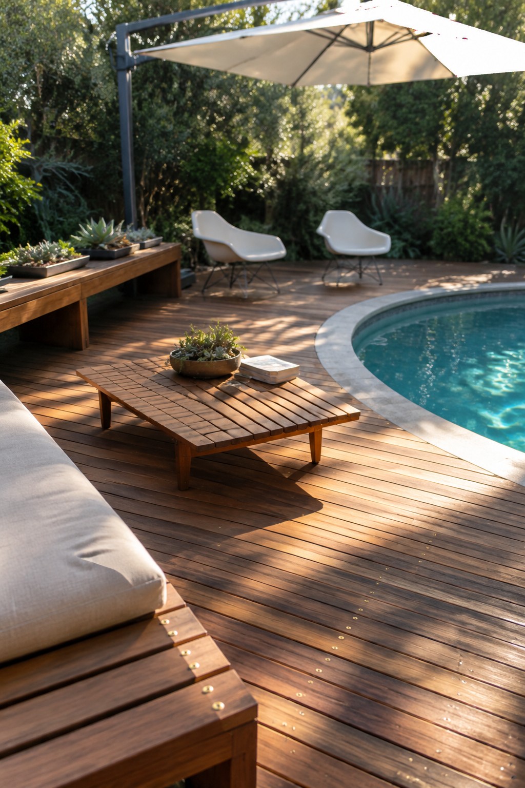 A wooden deck with horizontal planks surrounds a round pool, featuring a low coffee table, two white lounge chairs, a built-in bench, and a large cantilevered umbrella.