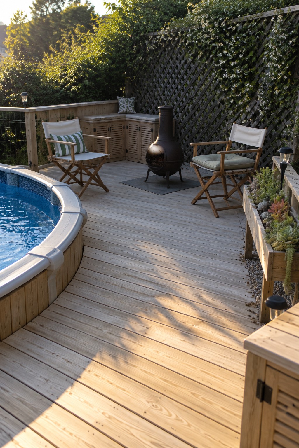 A light wooden deck wraps around a round above-ground pool, with two folding chairs, a central fire pit, and a long planter box along the right edge.