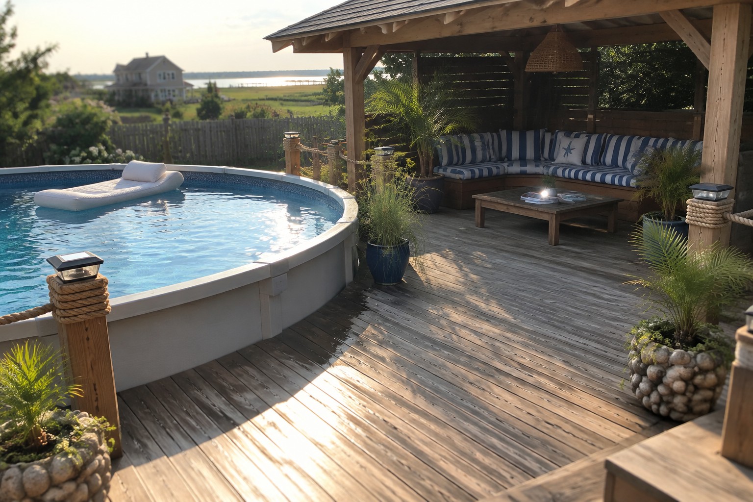 A wooden deck features an above-ground pool beside a gazebo with blue and white striped bench seating and potted plants.