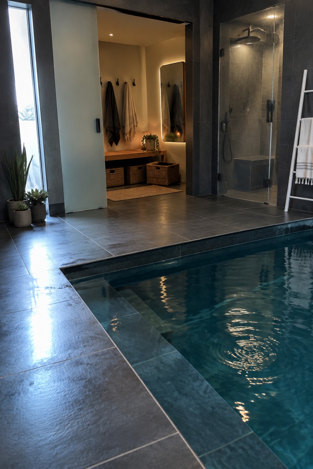 An indoor pool with dark tiles and a glass door opening to a changing area with towel hooks, a wooden bench, and woven storage baskets.
