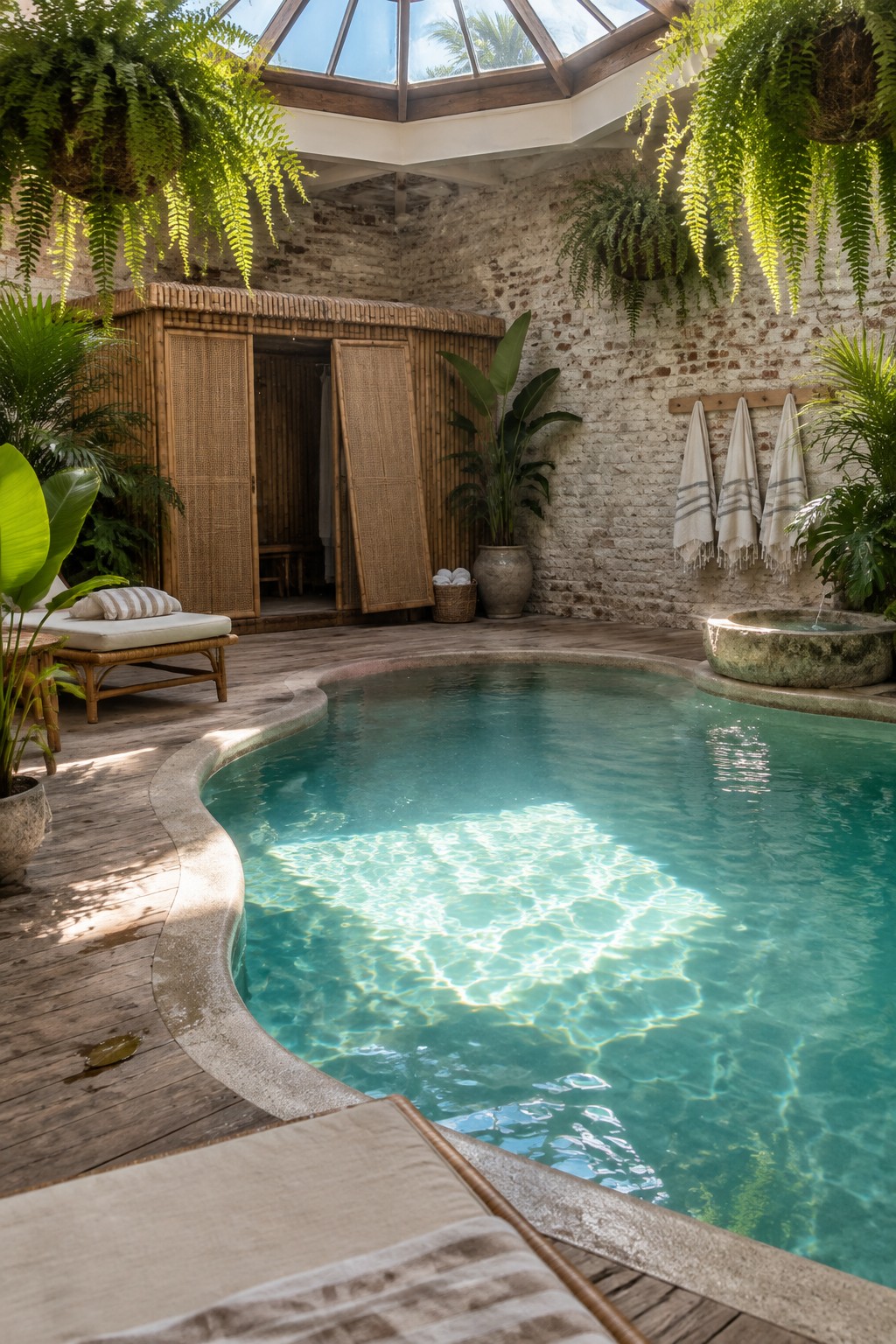 An indoor pool room featuring a curved turquoise pool, wooden decking, stone walls, hanging ferns, a bamboo changing cabana with open doors, and lounge chairs.