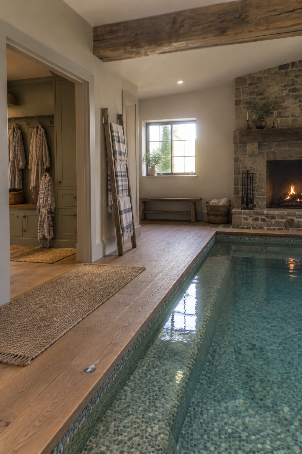 Rustic indoor pool with pebble bottom beside burning stone fireplace and hanging robes