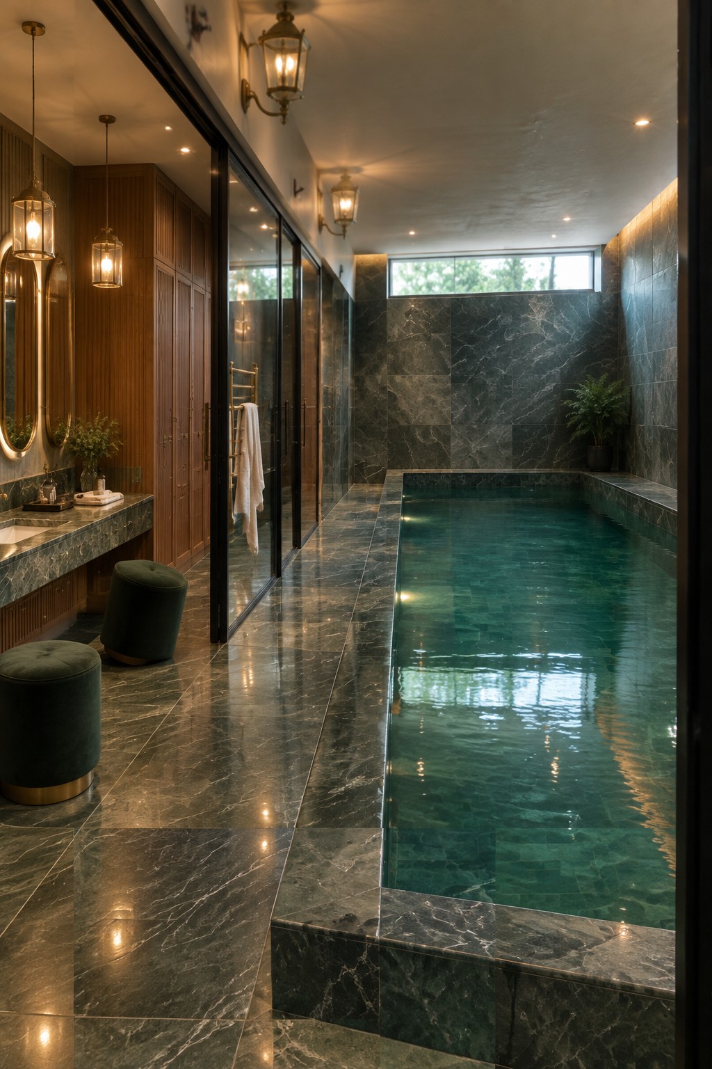 An indoor pool room with a long rectangular pool lined in dark marble and a changing area on the left that includes a marble vanity, two green stools, and tall wooden cabinets.
