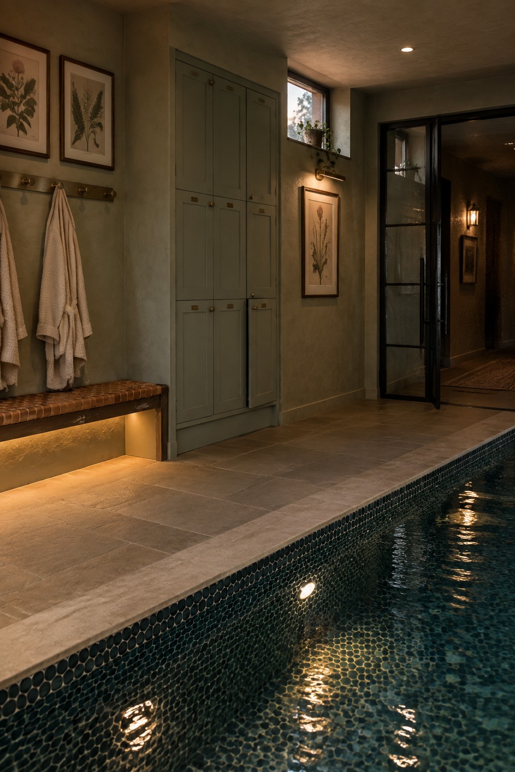An indoor pool room with tall sage green built-in cabinets, a wooden bench with hooks holding robes, framed botanical prints on the wall, and a blue mosaic tiled pool edge.