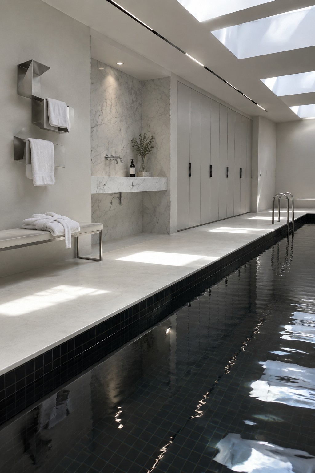 An indoor pool room with a long white marble deck, black tile border, a row of tall white cabinets along one wall, and a floating marble vanity with sink.
