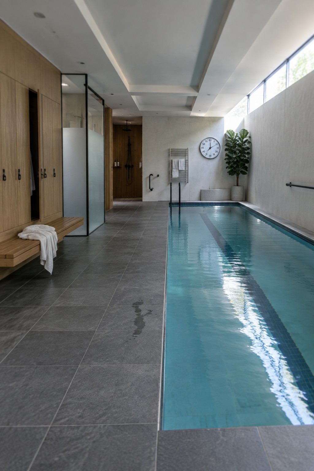 Modern indoor lap pool with turquoise water, gray tiles, wood lockers and wall clock.