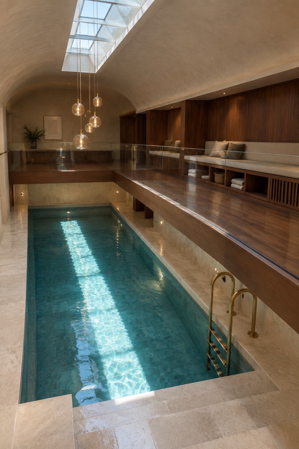 An indoor lap pool with a skylight above and a raised wooden platform with built-in bench seating and storage cubbies along one side.