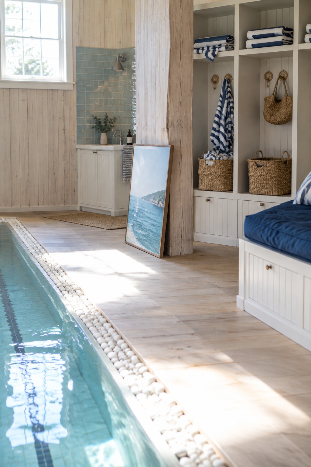 An indoor pool room featuring light wood walls, a built-in white storage unit with open shelves holding blue and white towels and woven baskets, a blue cushioned bench, and a lap pool with pebble edging.
