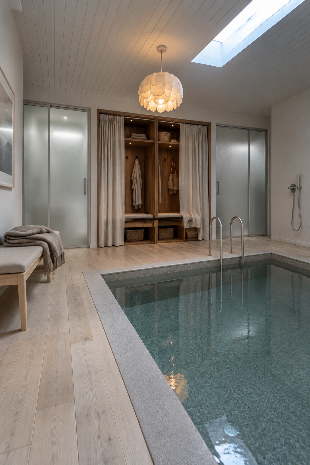 Modern indoor pool with wooden cabinets, pendant light, skylight, and metal rails.