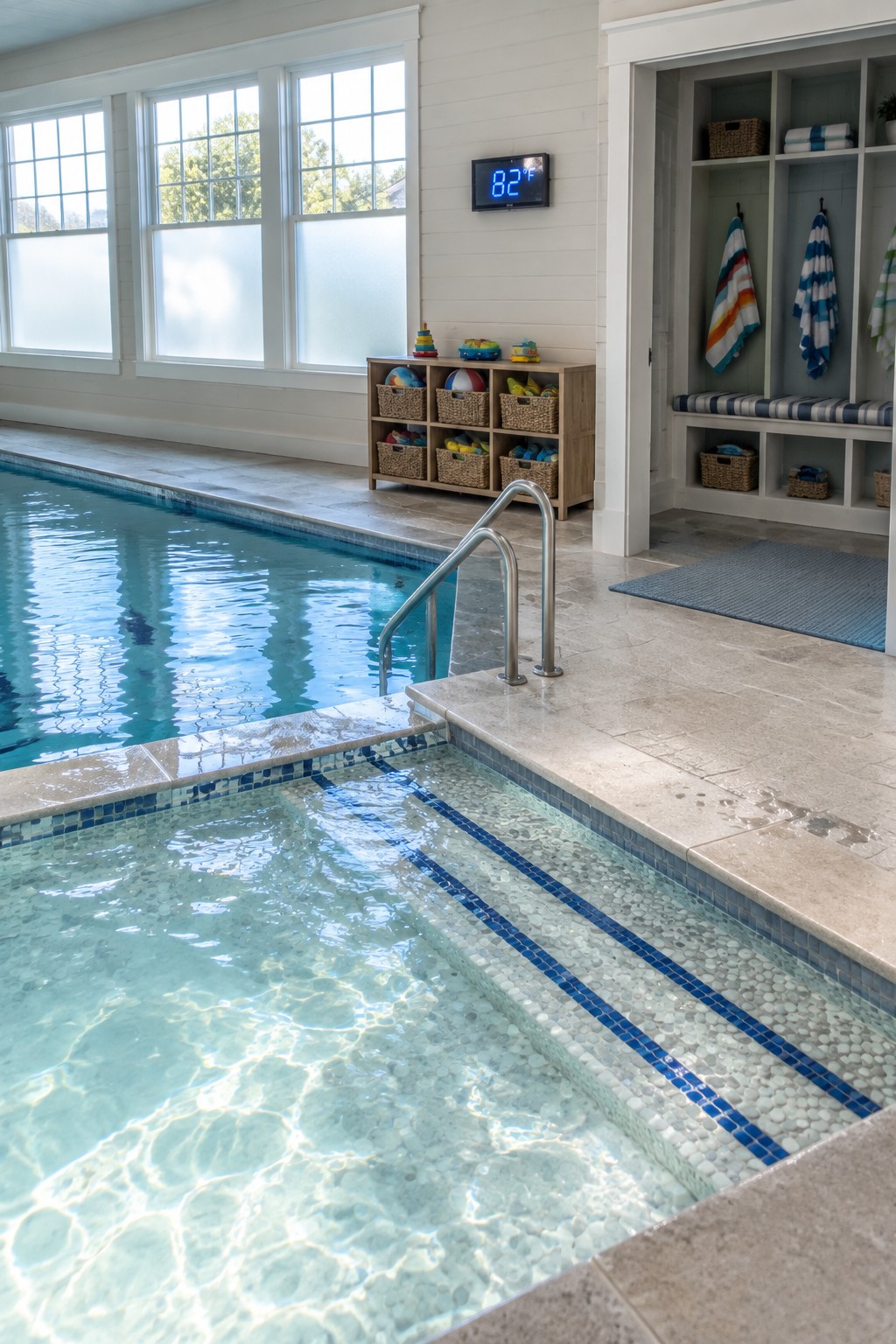 An indoor pool room with a built-in storage nook featuring cubbies, baskets, a bench, and towel hooks next to the water.