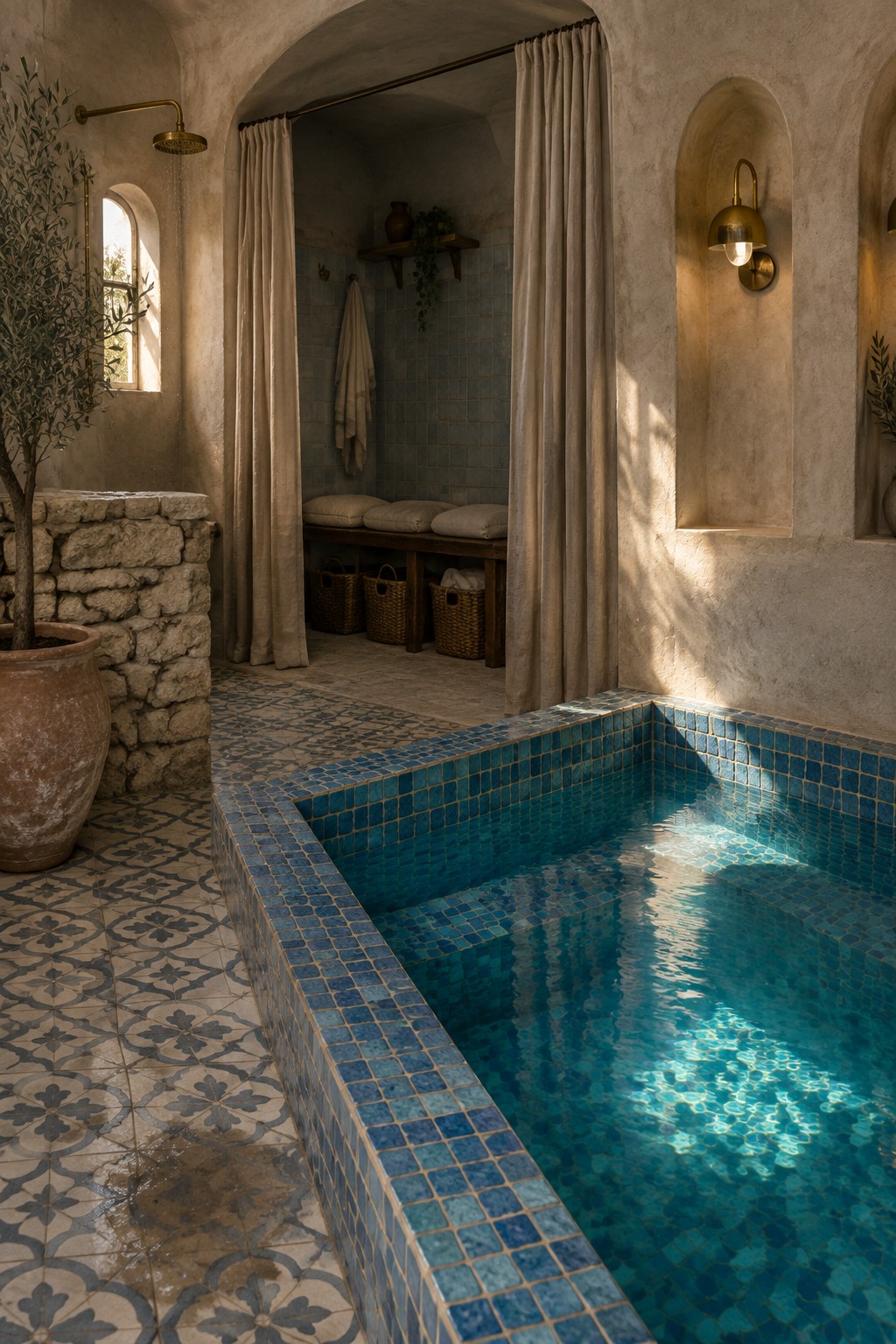 An indoor pool room with blue mosaic tiles and a curtained archway opening to a tiled changing area with a wooden bench and storage baskets.