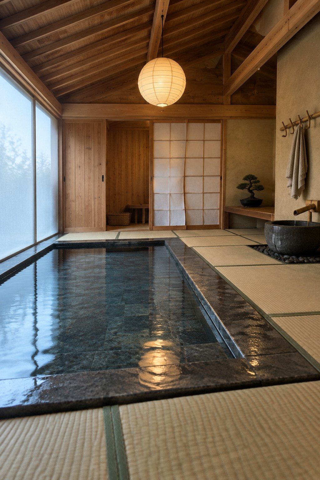 An indoor pool room with a rectangular pool bordered by tatami mats, wooden walls and ceiling, shoji screens, and a small changing area visible in the background.