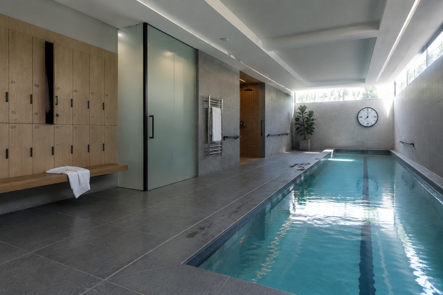 Modern indoor lap pool with turquoise water, gray tiles, wood lockers and wall clock.
