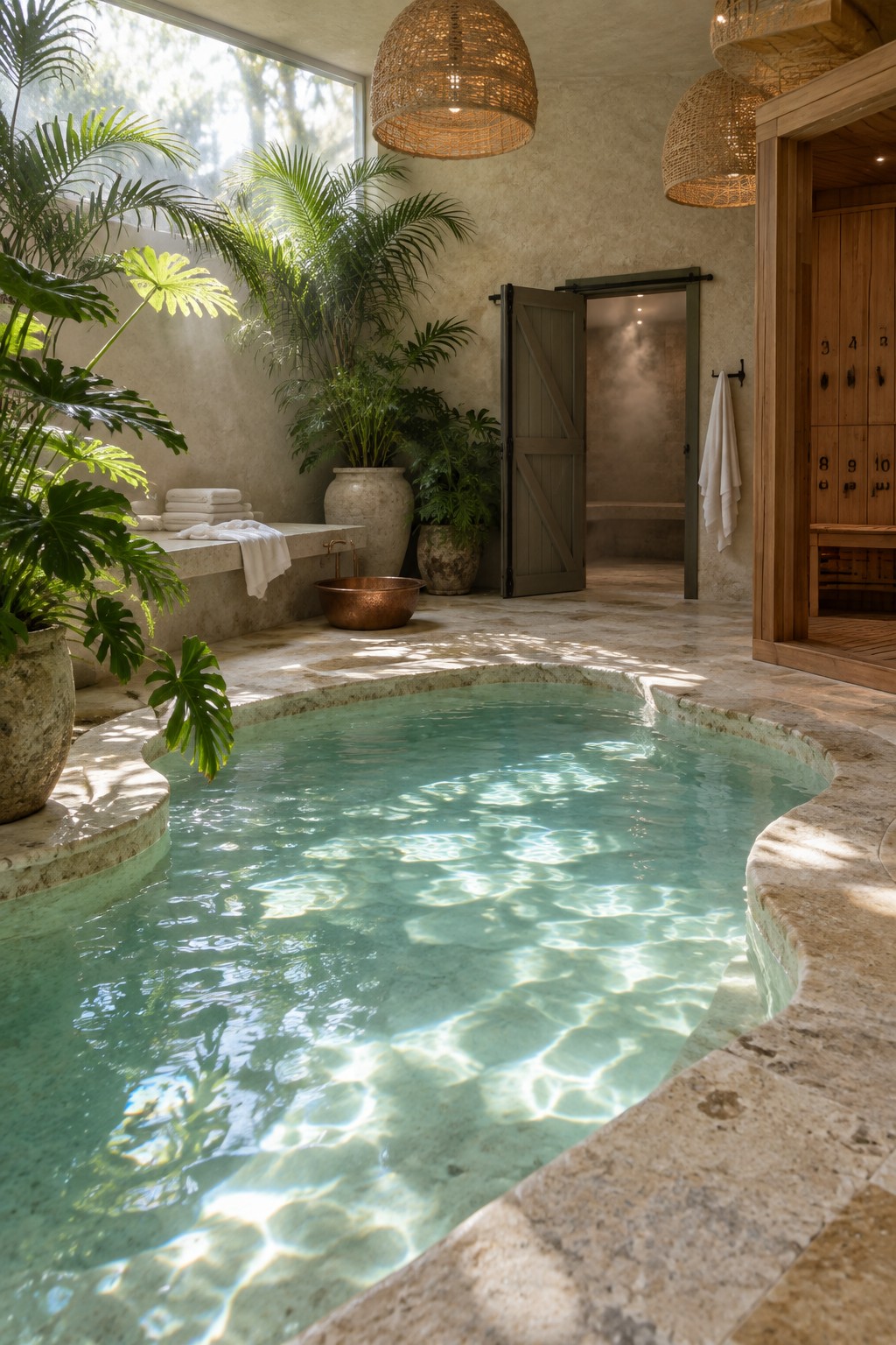 Sunlit turquoise indoor pool with stone edges, tropical plants and woven lights