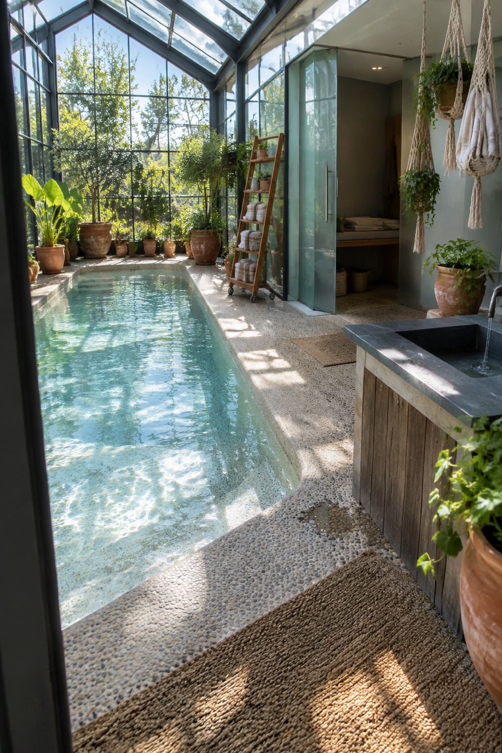 An indoor pool room with a long rectangular pool, glass ceiling and walls, pebble stone flooring, and a glass door opening to a changing area with a bench and hanging plants.