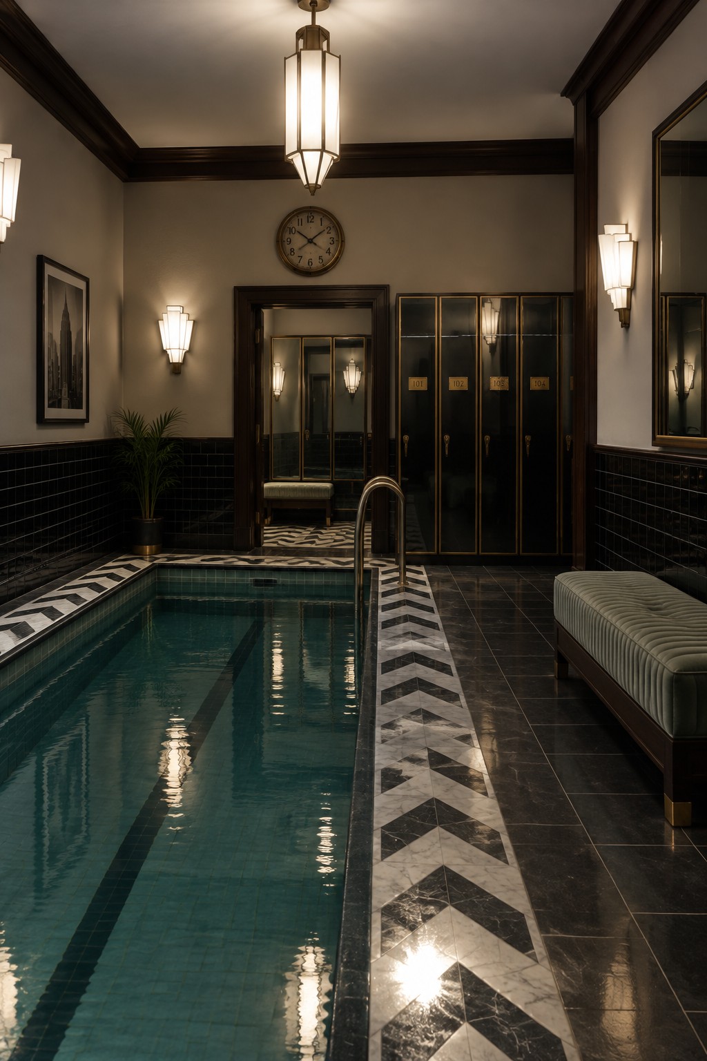 An indoor pool room with a long swimming pool, a row of dark wood lockers along one wall, and a cushioned bench on the right side.
