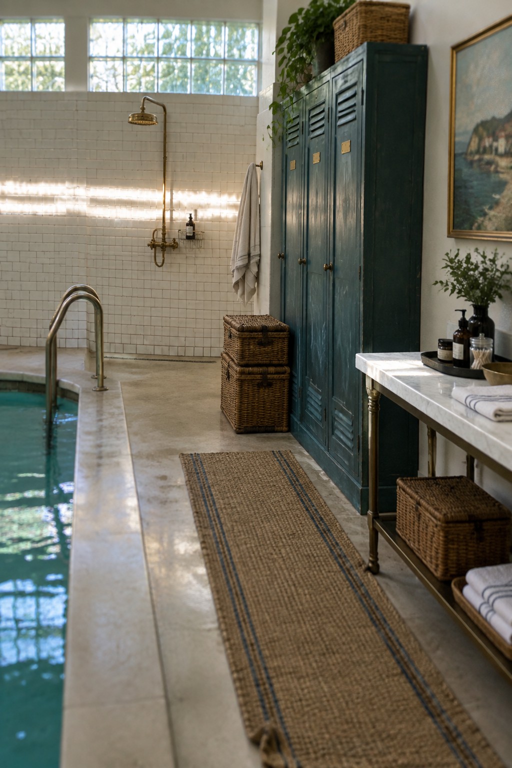 Plunge pool in bright tiled room with brass shower, teal cabinet, and woven baskets