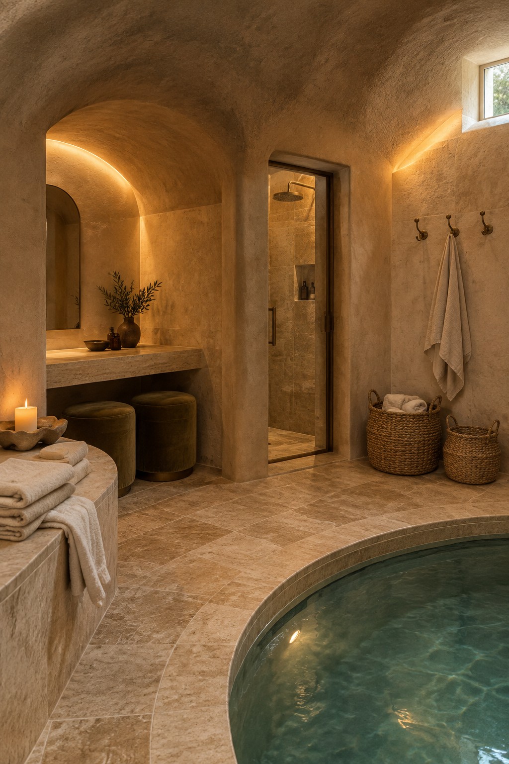 Warmly lit stone spa with circular plunge pool, arched vanity, towels and baskets