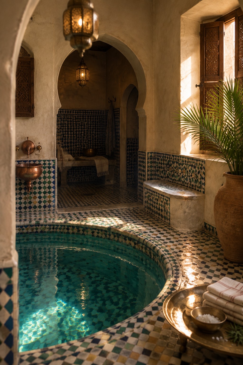 Turquoise tiled pool in sunlit Moroccan hammam with arches and lanterns.