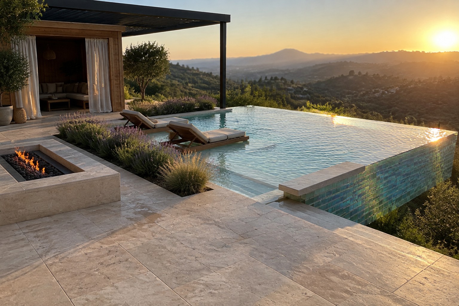 20 Elegant Infinity Pool Tile Ideas Featuring Glass Tile Finishes An outdoor infinity pool with blue-green glass mosaic tiles along the edge, two lounge chairs partially in the water, a stone fire pit, and a hillside landscape at sunset.