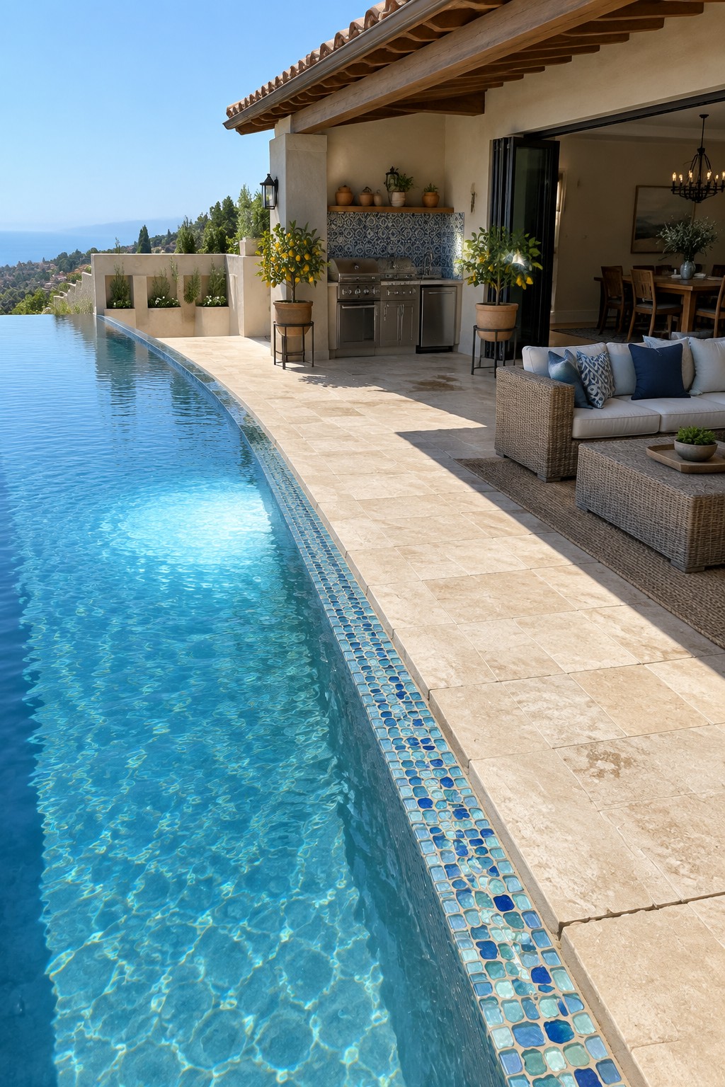 Infinity pool with blue mosaic tiles beside patio kitchen and wicker sofa.