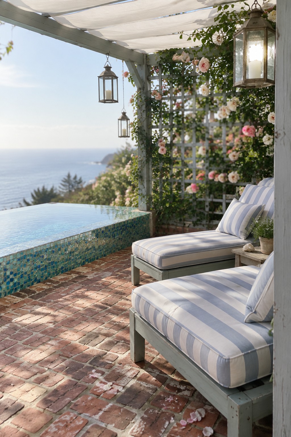 A brick patio with striped lounge chairs beside an infinity pool that has a blue and green glass mosaic tile edge, with ocean visible beyond.