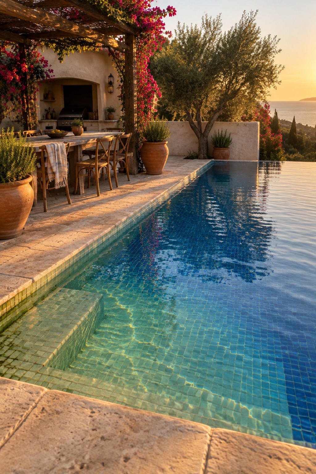 An outdoor infinity pool lined with blue and green glass mosaic tiles, featuring a stepped entry, adjacent to a stone patio with a wooden dining table and potted plants, overlooking the sea at sunset.