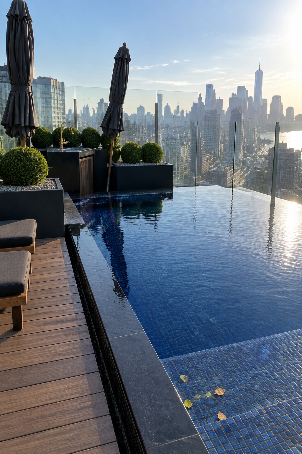 Rooftop infinity pool with blue glass mosaic tile along the visible edge, wooden decking on the left, dark planters with round shrubs, closed umbrellas, and a city skyline beyond glass railings.