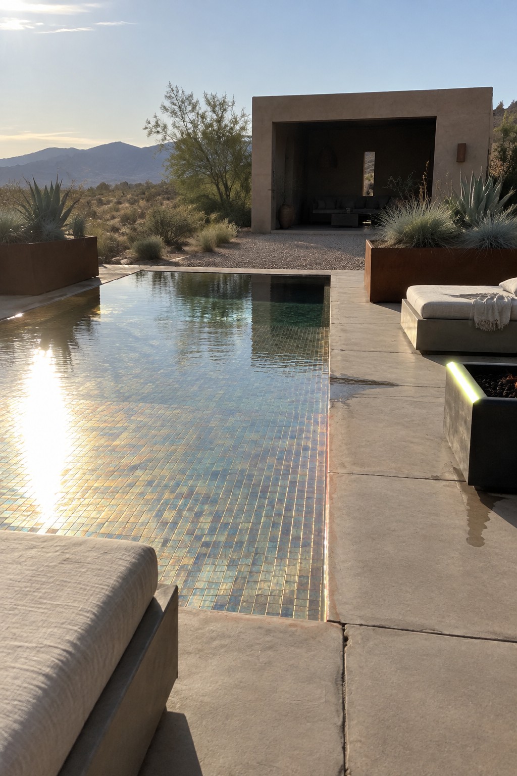 Desert pool with iridescent mosaic tiles, concrete patio, lounge chairs, and modern pavilion.
