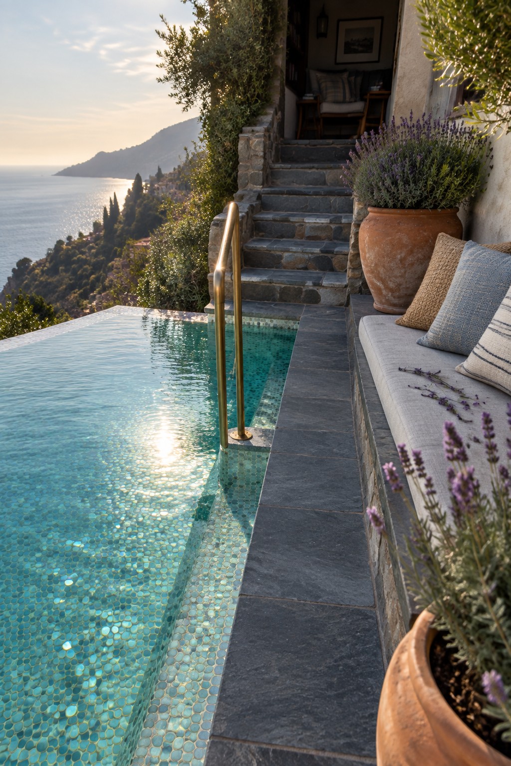 Infinity pool with golden rail on stone terrace overlooking sea with lavender pots