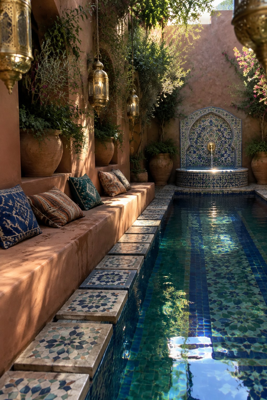 A long rectangular pool lined with blue and green mosaic tiles sits beside a terracotta bench with cushions, potted plants, and hanging lanterns in a sunlit courtyard.