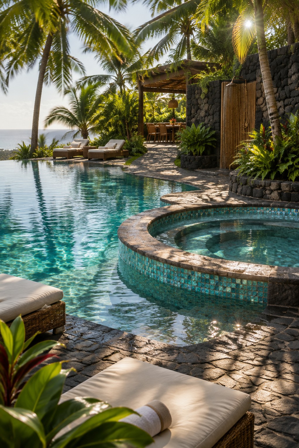 Infinity pool and hot tub with lounge chairs amid palm trees and ocean view