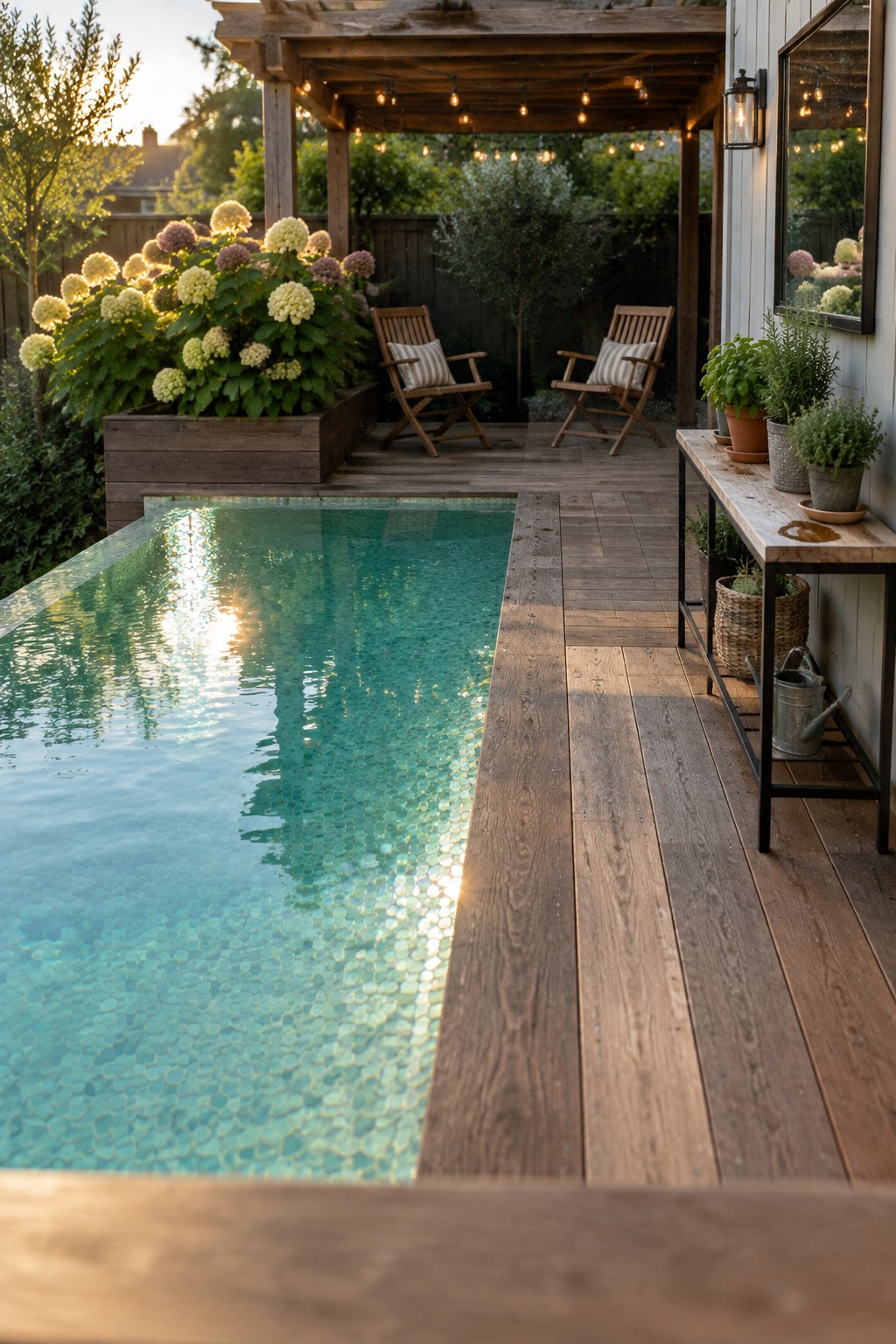 A rectangular infinity pool with turquoise glass mosaic tiles runs alongside a wooden deck with two lounge chairs, potted plants, and a pergola overhead.