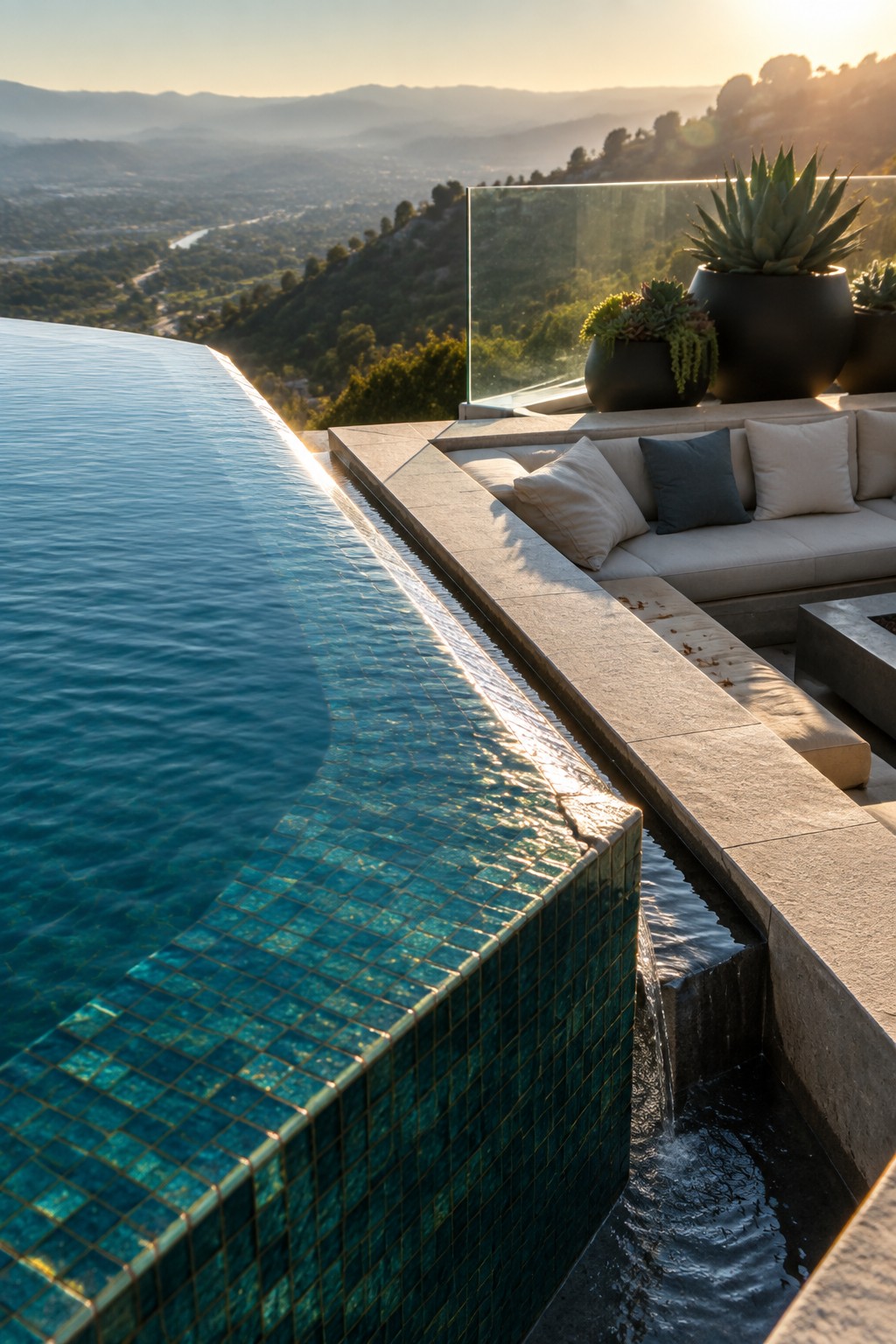 Teal mosaic infinity pool with cascading water, white sofa, and mountain view at sunset.