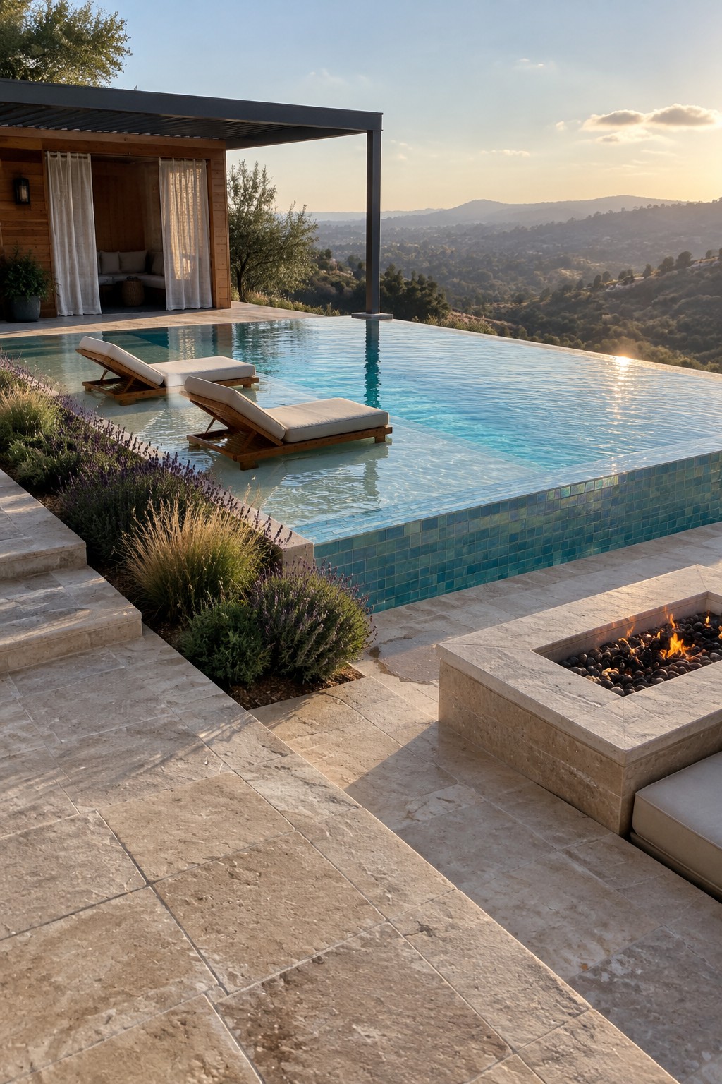 An outdoor infinity pool with blue-green glass mosaic tiles along the edge, two lounge chairs partially in the water, a stone fire pit, and a hillside landscape at sunset.