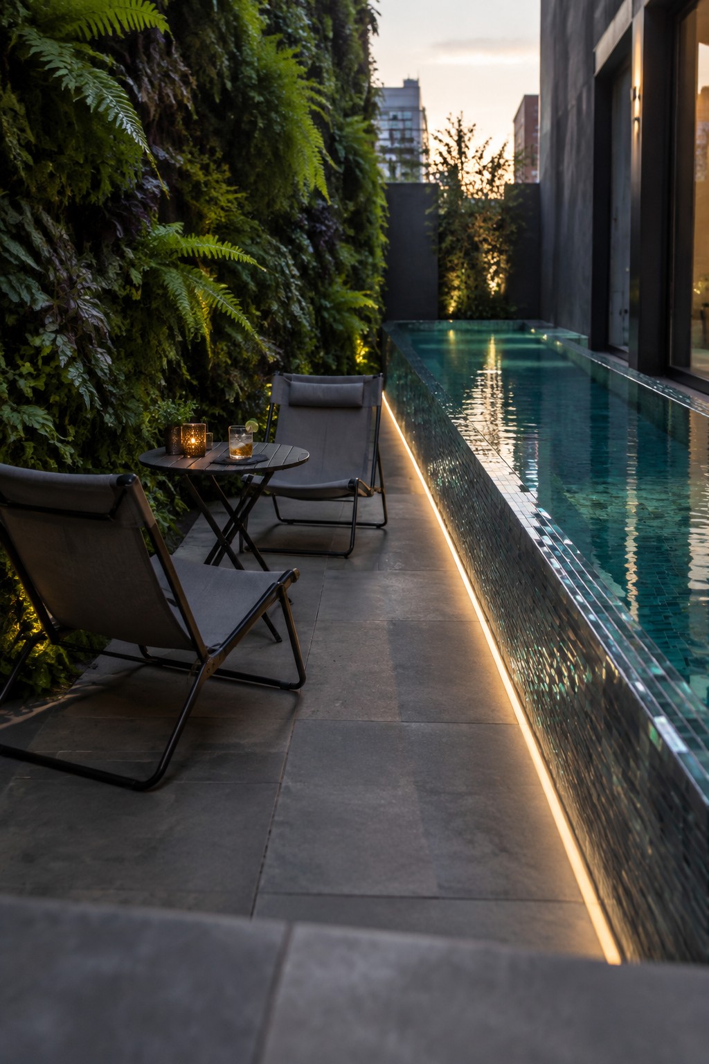 A narrow infinity pool with blue-green glass mosaic tile along the raised edge sits next to two gray lounge chairs and a round table on a stone deck, with a tall fern-covered living wall on the left.