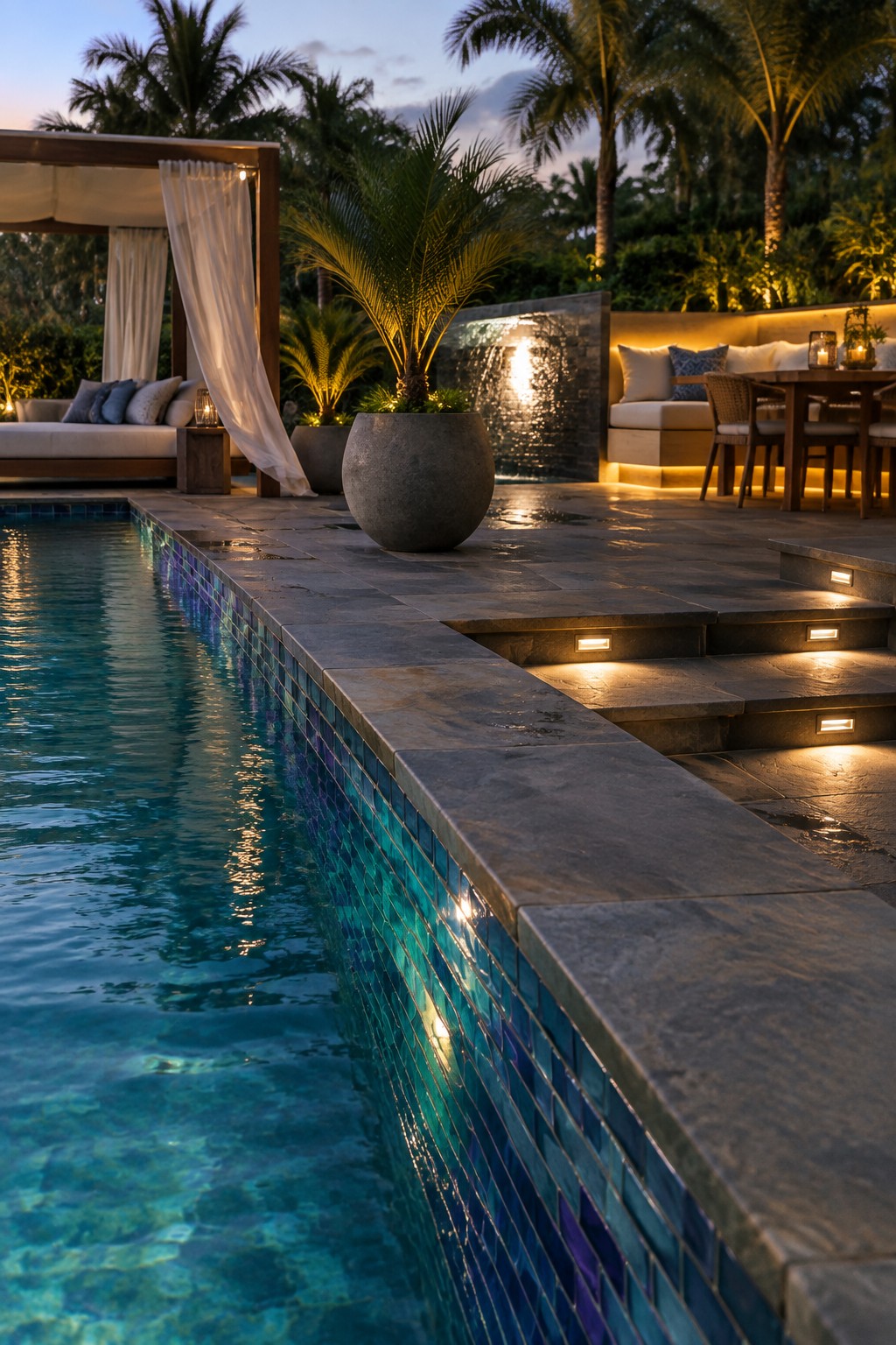 A swimming pool with blue and purple glass mosaic tiles along the edge, lit from below at dusk, next to a stone patio with lounge seating, a round planter, and a water feature.