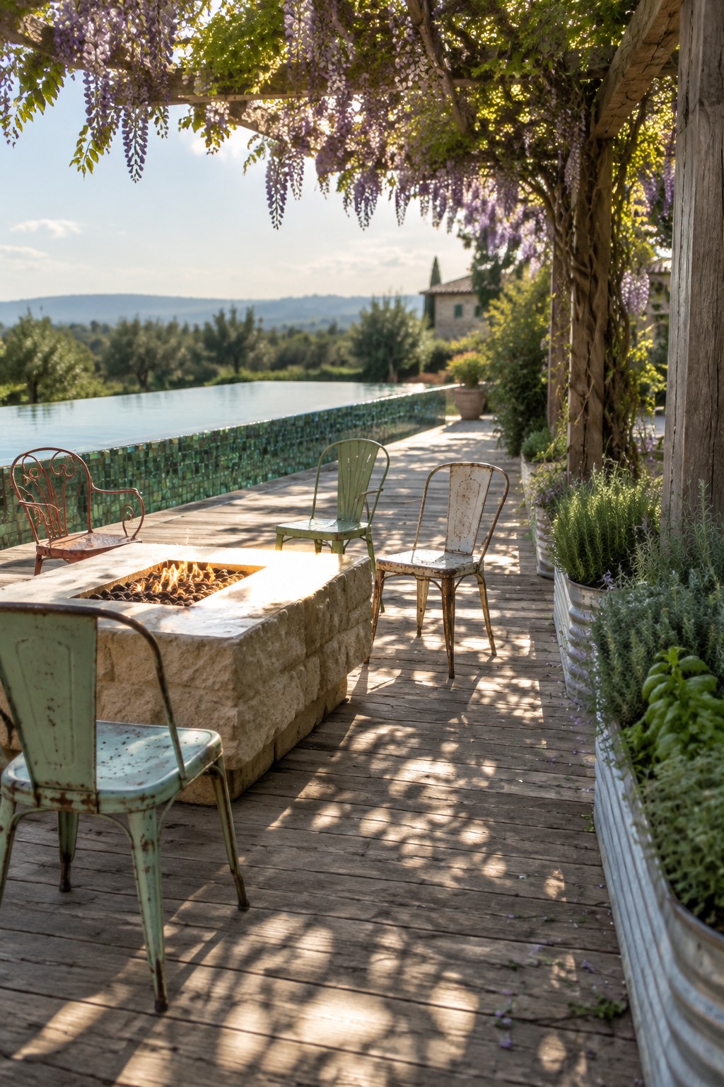 A wooden deck with a stone fire pit, vintage metal chairs, and an infinity pool edged with green glass tile under a wisteria-covered pergola.