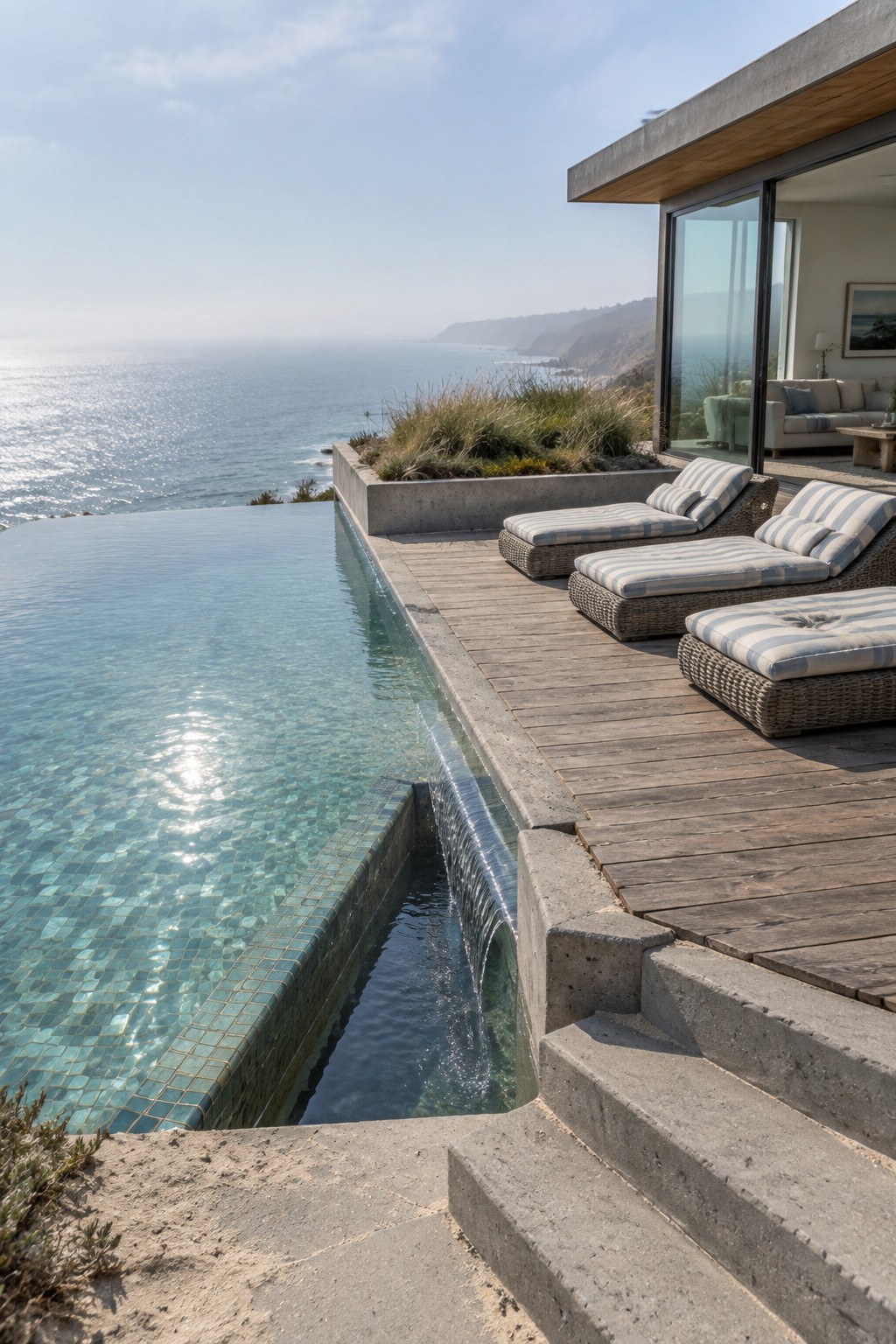 Infinity pool with blue-green glass tile on the walls and edge, water spilling over into a lower trough, wooden deck with striped lounge chairs, and ocean view beyond.