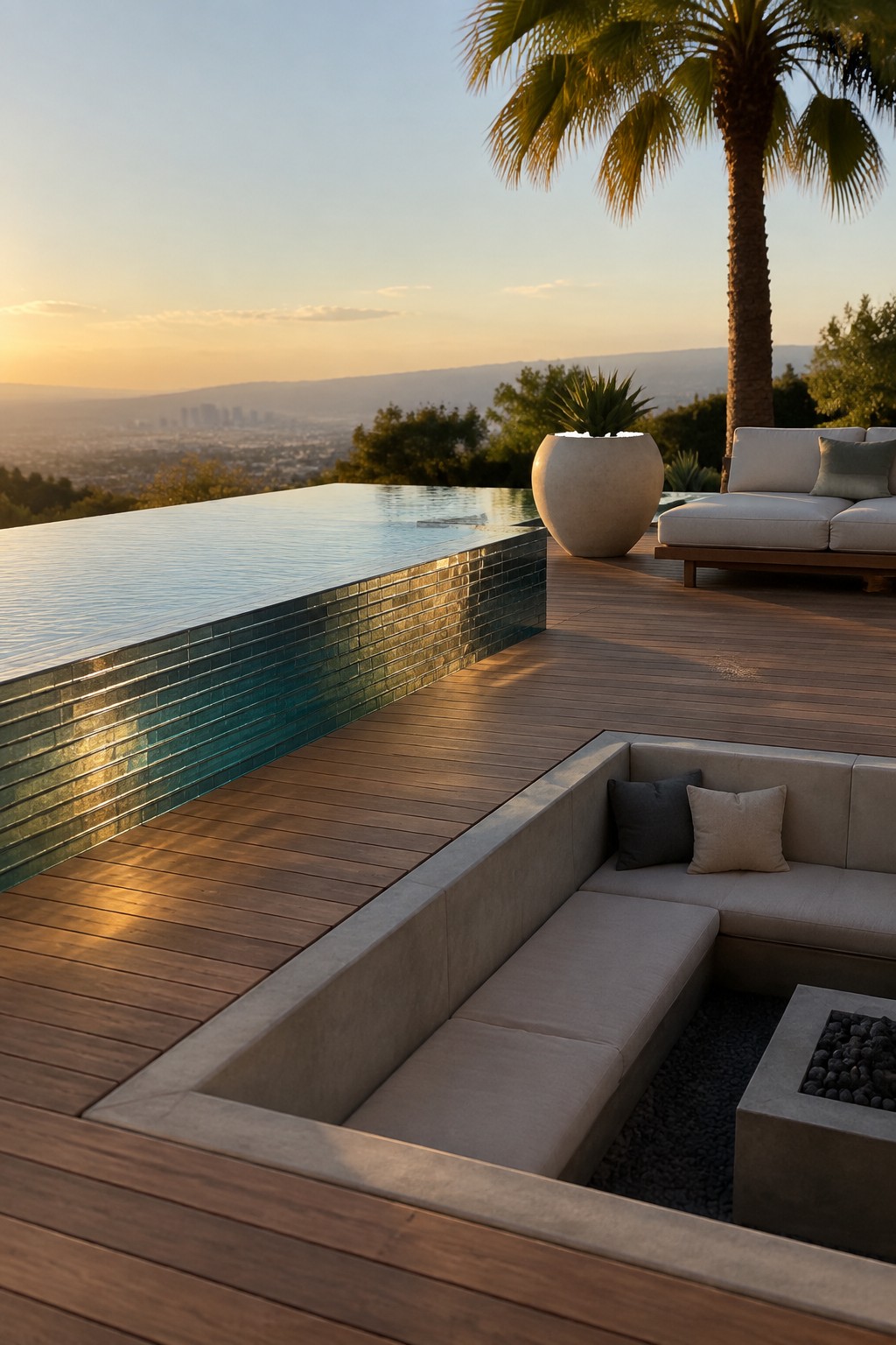 An infinity pool with a vertical glass tile edge overlooks a city view from a wooden deck with built-in seating and a fire pit.