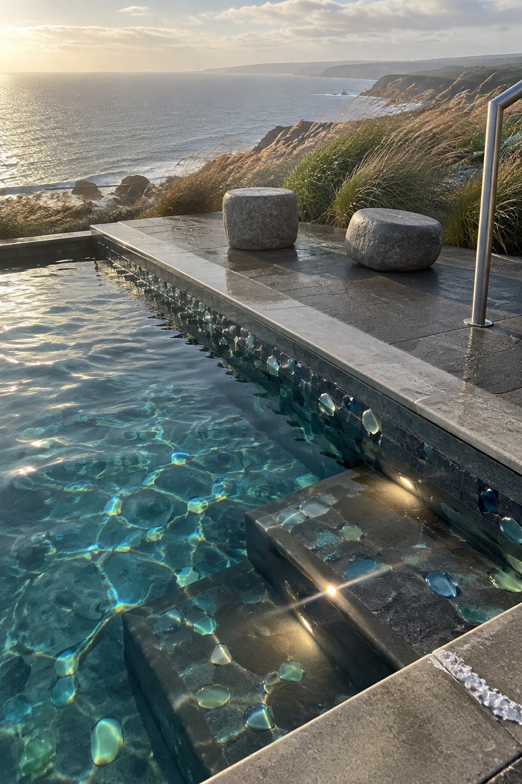 Clifftop infinity pool with glowing steps, stone stools, and ocean sunset view.