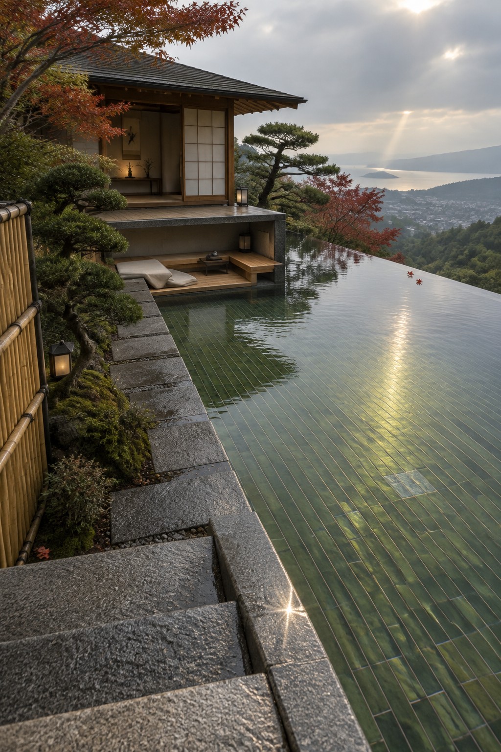 An infinity pool edged with green glass tiles extends from a wooden Japanese-style house overlooking hills and water.