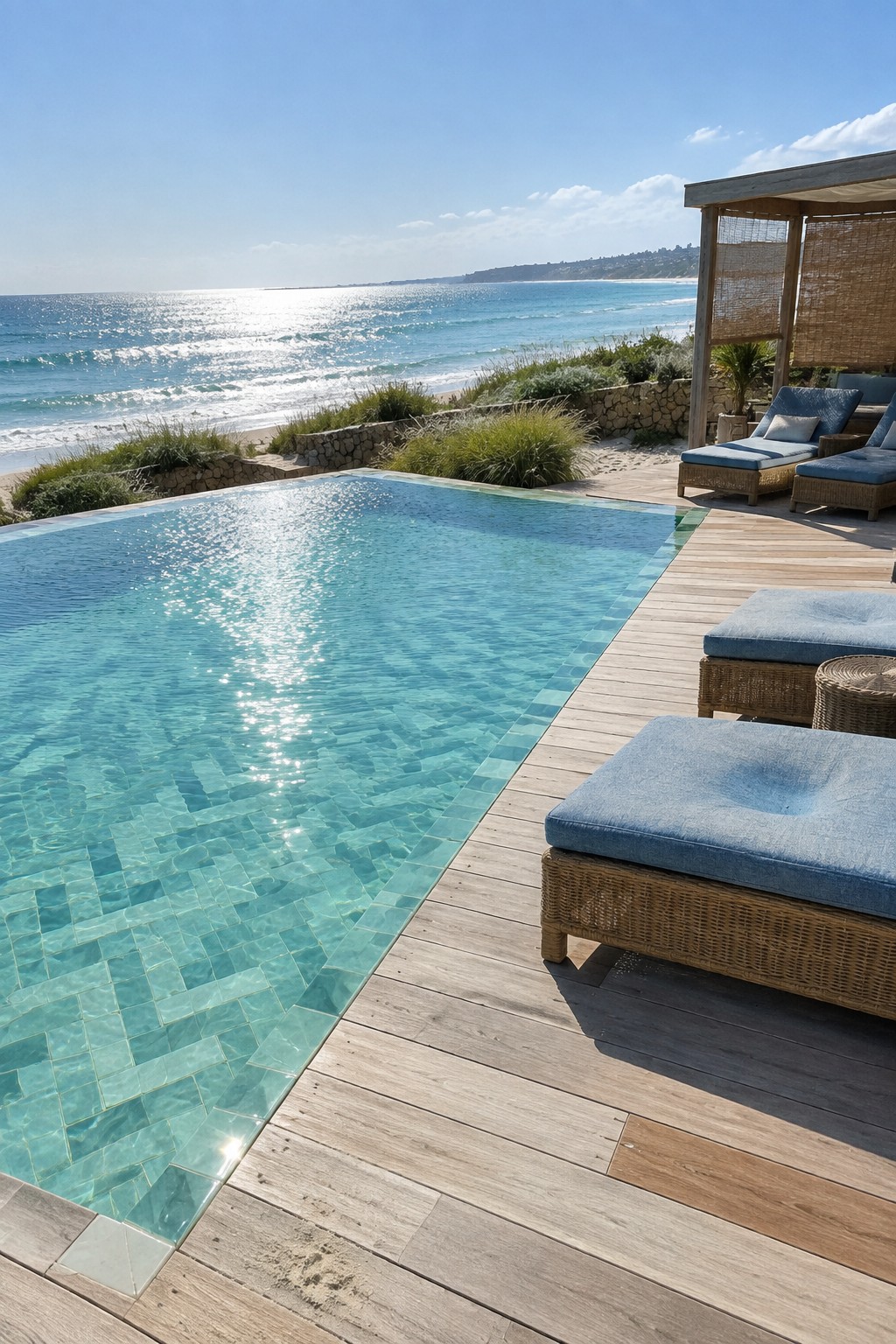 An infinity pool with light blue glass mosaic tiles borders a wooden deck with blue cushioned lounge chairs overlooking the ocean.