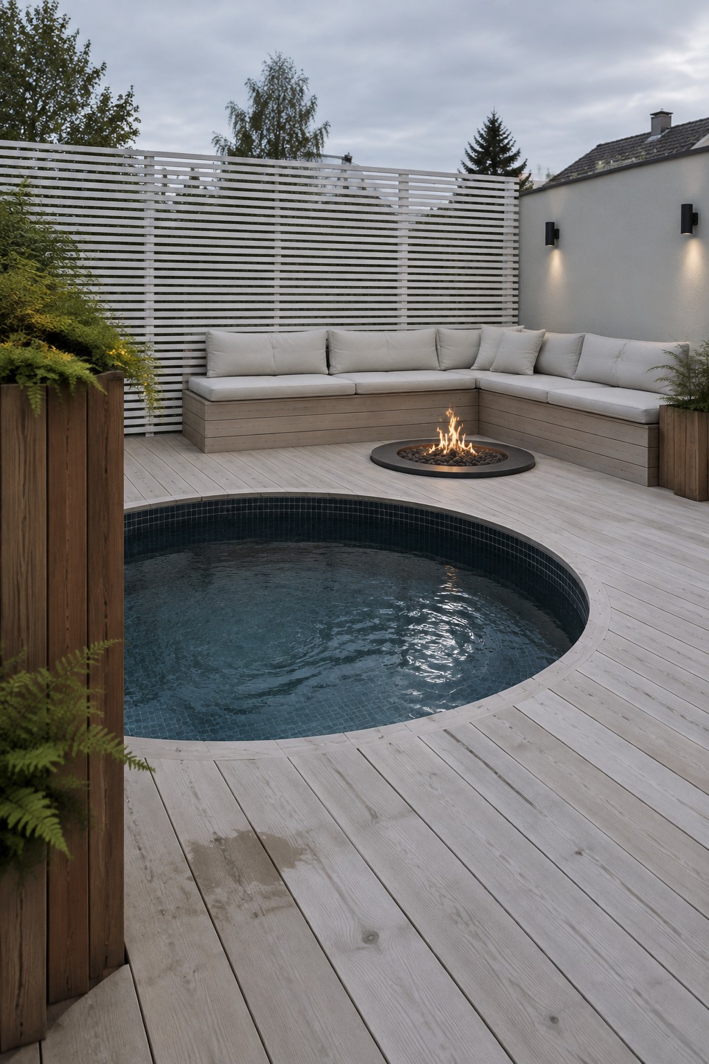 Modern patio with circular pool, fire pit, and cushioned L-shaped bench on deck.