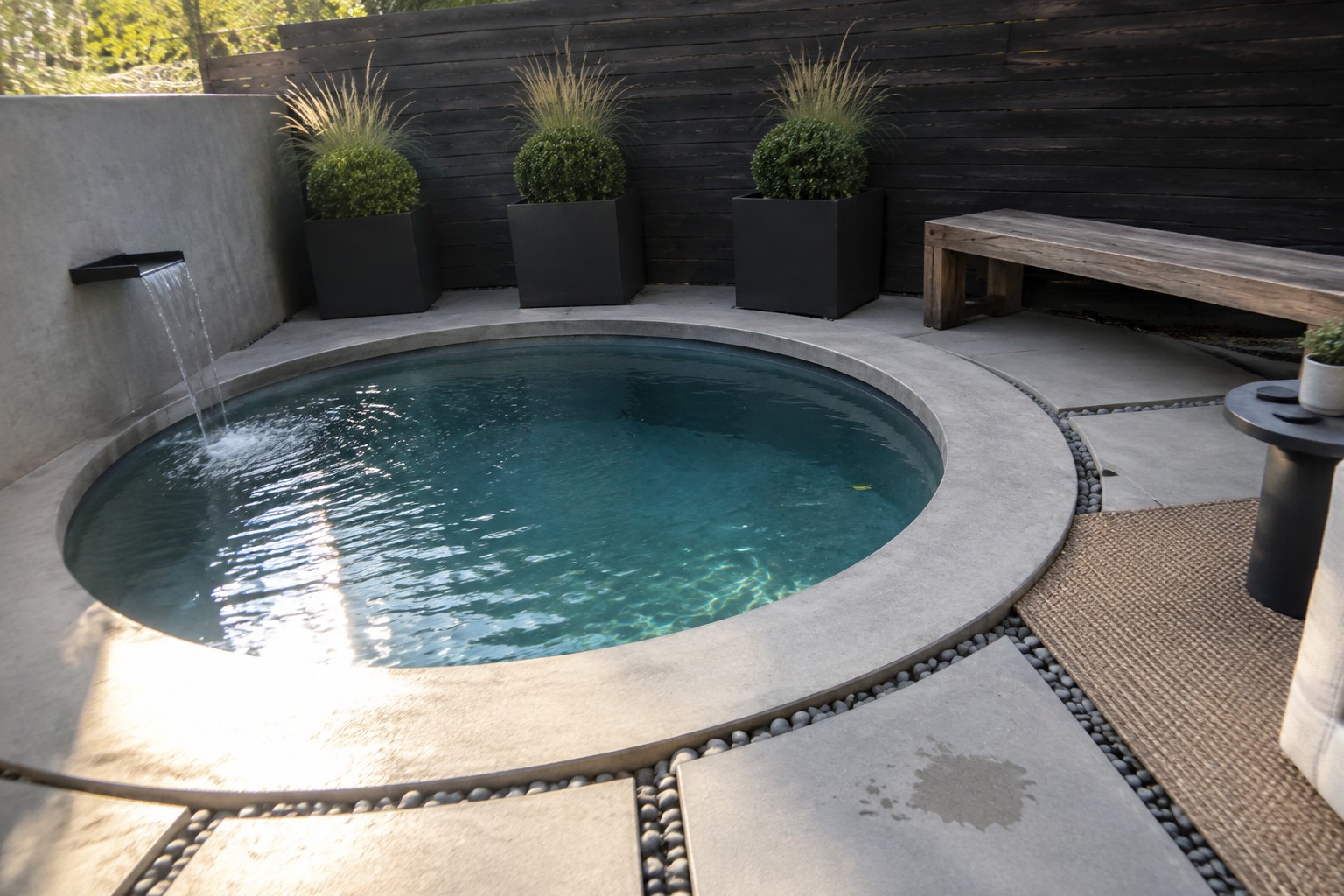 20 Elegant Round Plunge Pool Ideas for Compact Yards A round plunge pool with a wall-mounted water spout sits in a concrete patio area bordered by black planters, a wooden bench, and pebble edging.
